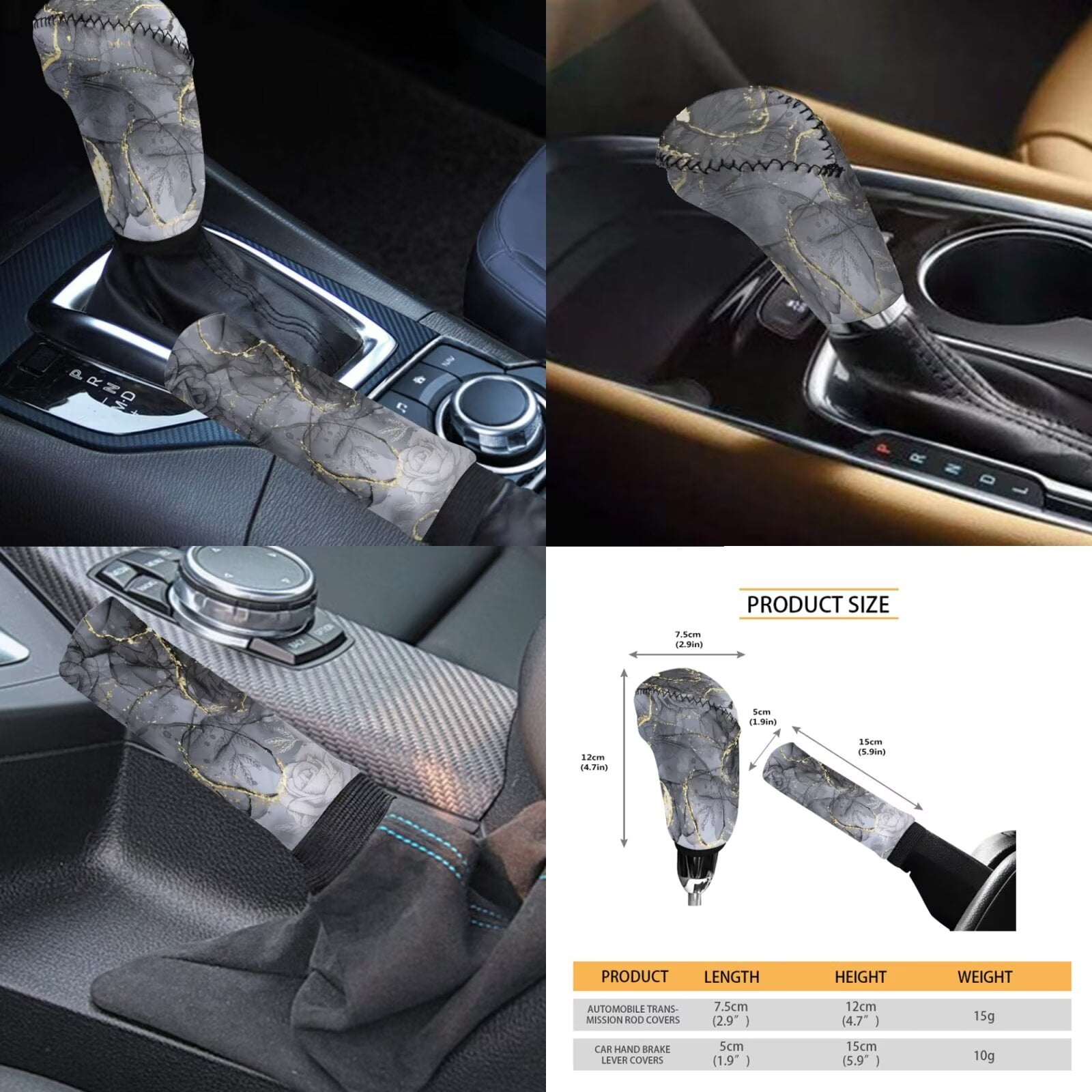 Garronmavis Black Gold Marble Car Seat Covers Full Set Accessories Auto Set of 11 with Cars Headrest Protectors+Lanyards Key Ring+Auto Cup Coaster+Handbrake Gear+Shift Knob Cover