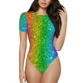 thumbnail image 2 of Uemuo Glitter Rainbow Pattern Women's One Piece Short Sleeve Swimsuit Rash Guard Surfing Modest Quick-drying Swimsuit Beach Essentials-Medium, 2 of 9