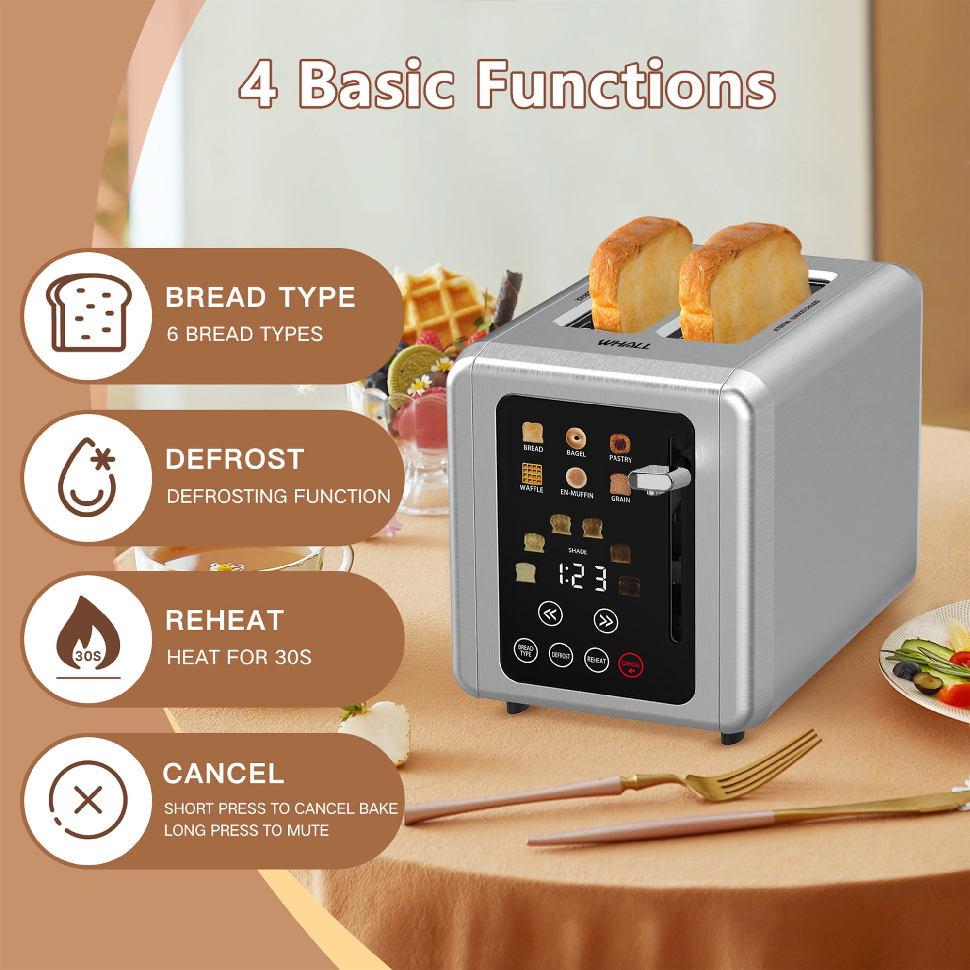 WHALL 2 Slice Touchscreen Toaster Stainless Steel Toaster With Wide Slot 6 Shade Settings Bagel Function Removable Crumb Tray