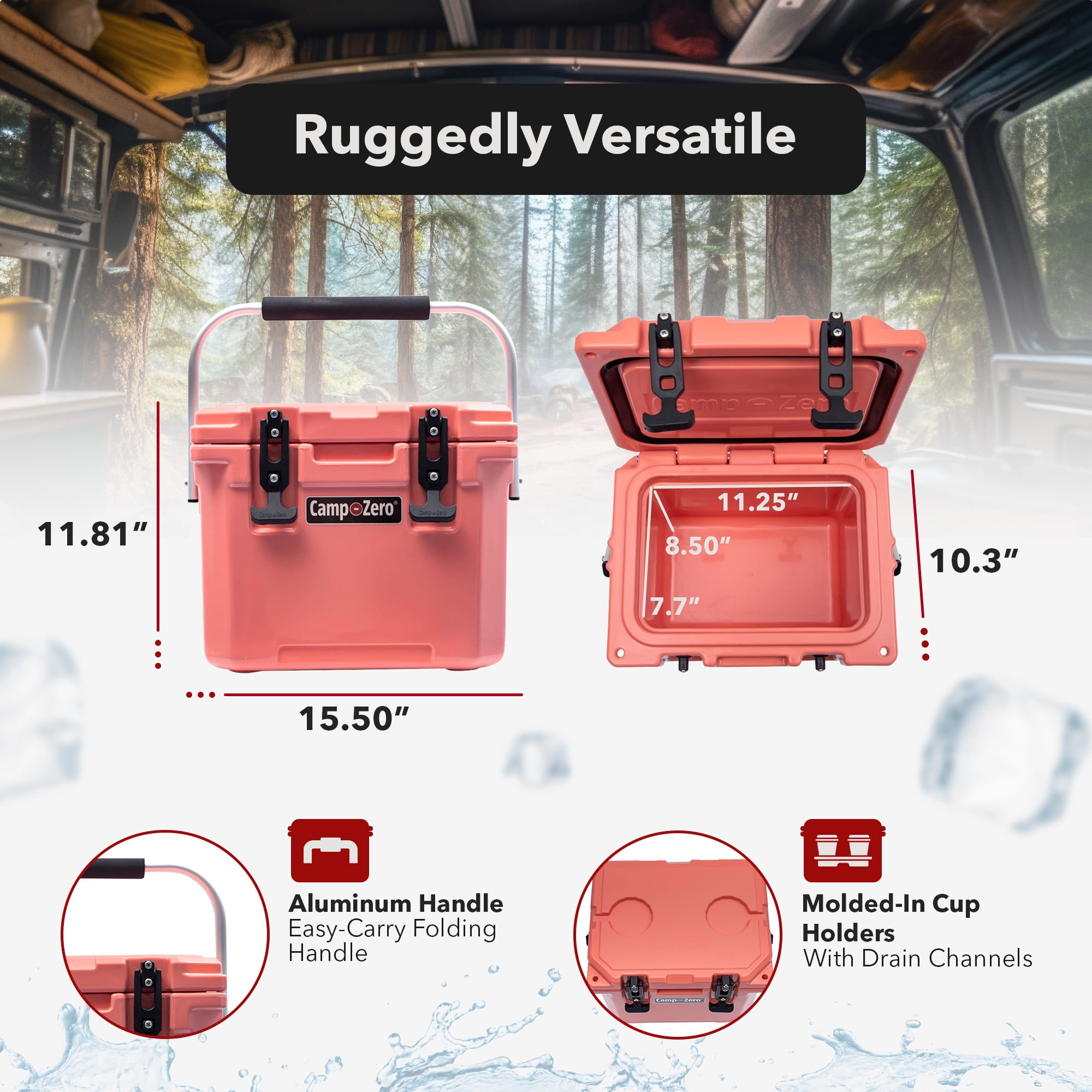 CAMP-ZERO 10 Liter 10.6 Quart Cooler with 2 Molded In Cup Holders, Coral