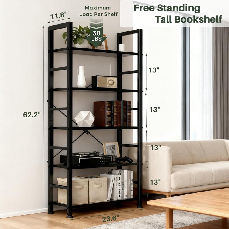 Kelno 5-Tier Bookshelf 62"x24" Industrial Storage Shelf Free Standing Bookcase Metal Frame Bookcase with Open Storage Shelves,Black