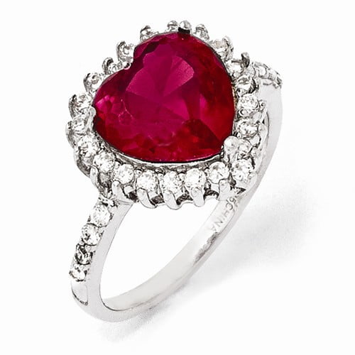 Double Accent Sterling Silver Simulated Ruby CZ Heart Halo Cocktail Ring Size 5 to 9