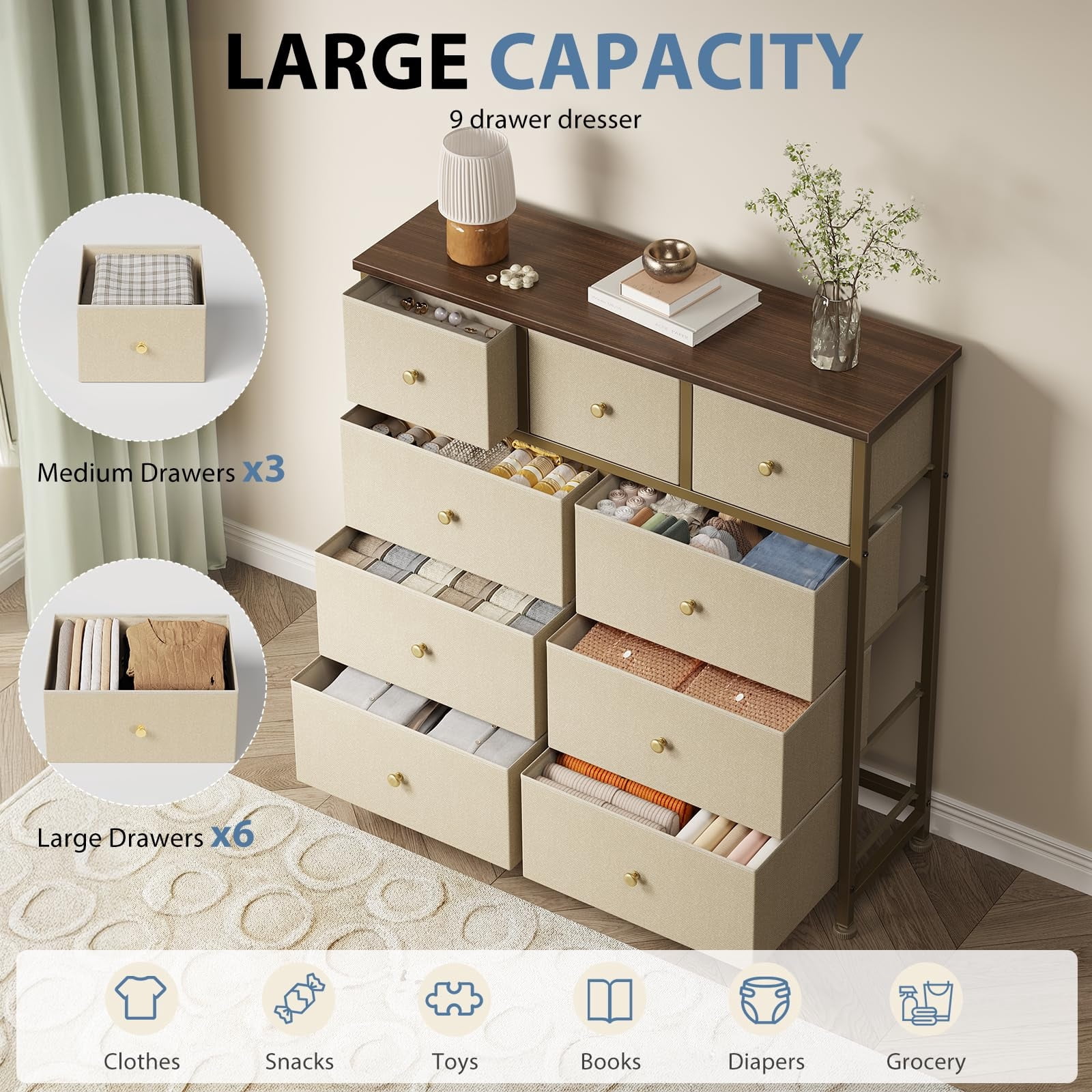 Telyra 9-Drawer Fabric Dresser Tall Storage Tower with Wood Top and Steel Frame Bedroom Closet Organizer, Khaki