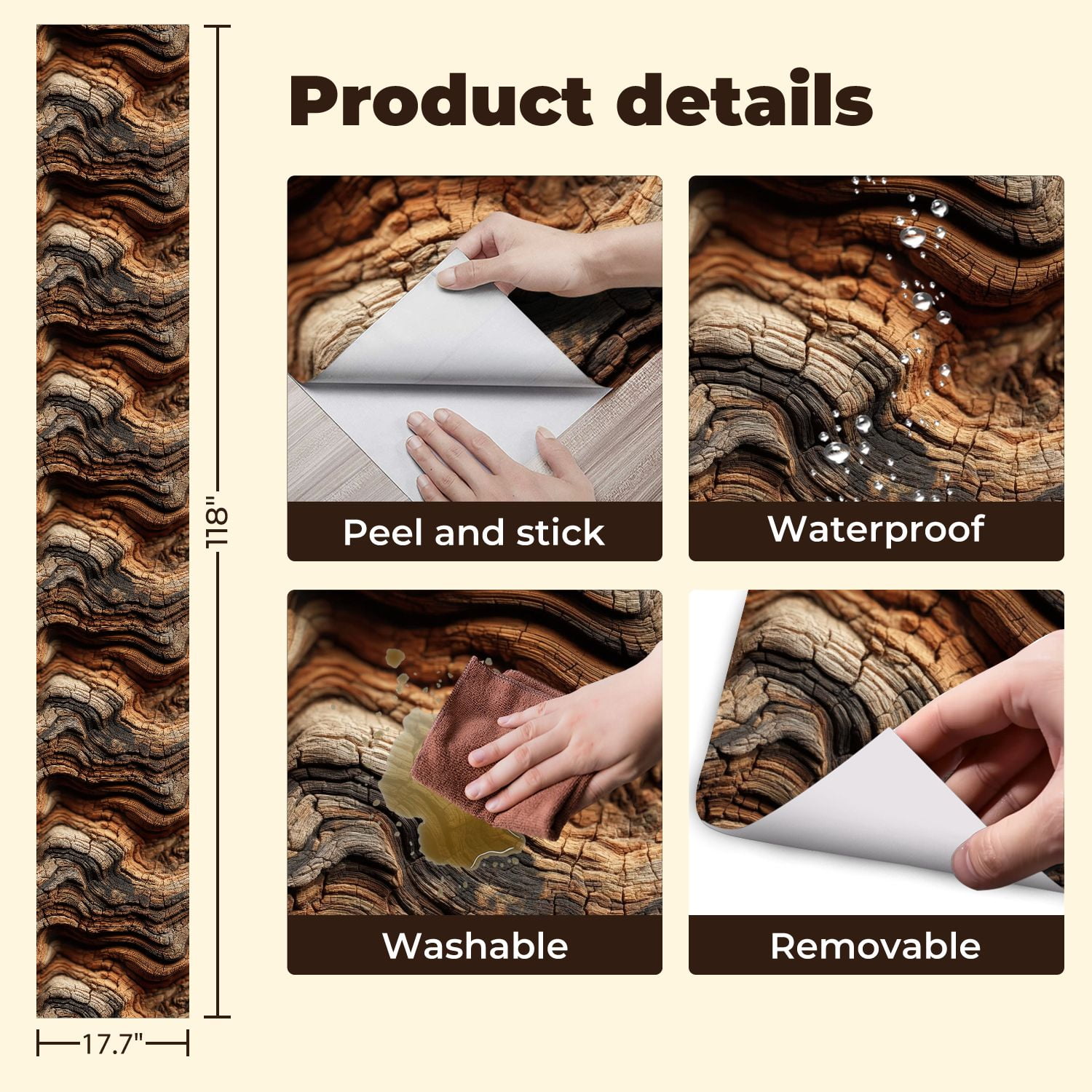Peel and Stick Wallpaper Abstract Wood Grain Texture Wavy Lines Rich Earthy Tones Wall Mural 17.7in x 9.8ft Self Adhesive Wall Paper Renter Friendly Wallpaper for Nursery Bedroom Cabin Decor