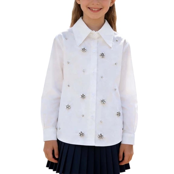 Girls Long Sleeve Shirts Lapel Button Down Solid Color Tops Casual Comfy Loose Preppy Style Tunic Blouse (13 Years, White-C)