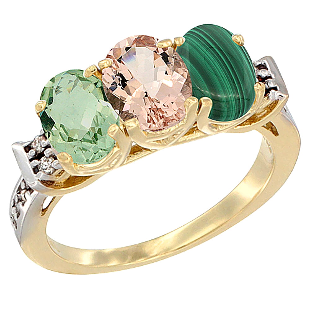 10K Yellow Gold Natural Green Amethyst, Morganite & Malachite Ring 3-Stone Oval 7x5 mm Diamond Accent, sizes 5 10 by WorldJewels