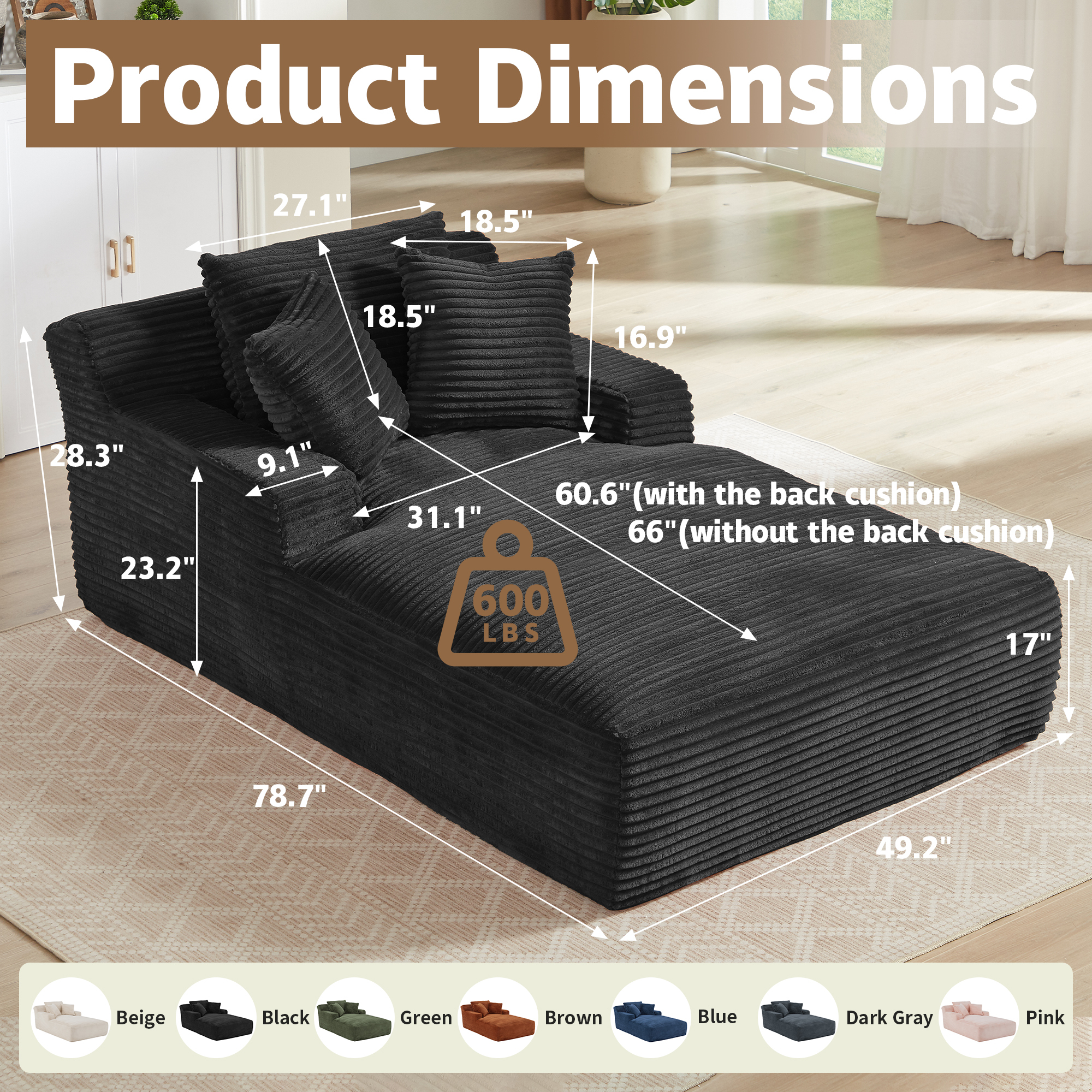 Kosynda Extra-long 79" Chaise Lounge Chair Indoor, Corduroy Upholstered Modern Sofa Couch with Pillows for Living Room, Office, No Assembly Required, Black