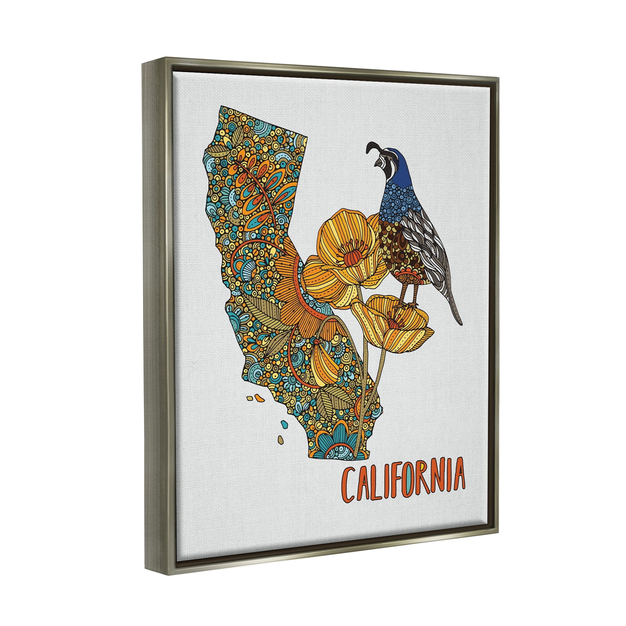 Stupell Industries California State Poppy Flowers Quail Bird Floral Details Graphic Art Luster Gray Floating Framed Canvas Print Wall Art, Design by Valentina Harper