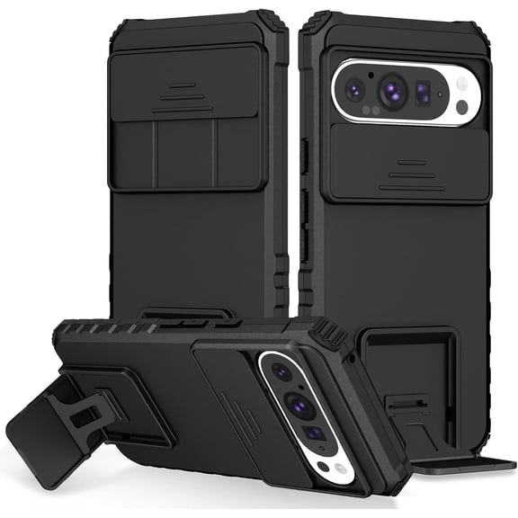 for Google Pixel 9/Pixel 9 Pro Case with Slide Camera Cover, Armour Silicone TPU Bumper Tough PC Cover for Pixel 9 with Kickstand, Military Shockproof Protective Phone Case for Pixel 9 Pro Black