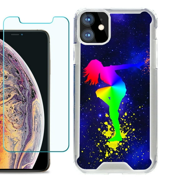 For Apple iPhone 11 Case, Hybrid Bumper Phone Case, with Tempered Glass Screen Protector, by OneToughShield ® - Cosmos Dance