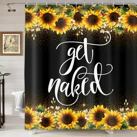 Funny Get Naked Sunflower Shower Curtain, Farmhouse Yellow Rustic Sunflower Floral Funny Quote Get Naked Shower Curtain for Bathroom, Country Flower Plant Bathroom Curtain 70X70IN Black White