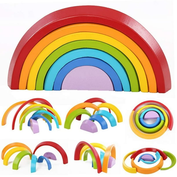 Juguete de arcoíris de madera, conjunto de bloques de puente de arco de colores, juego de clasificación de formas, juguete de aprendizaje, apilador, ensamblaje de anidamiento, pieza de rompecabezas Xemadio WMZL-1270