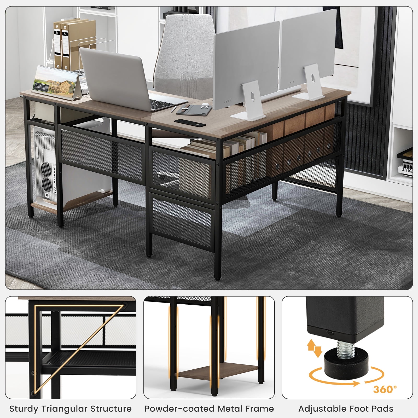 Giantex L Shaped Desk w/Power Outlets & USB Ports, Reversible Corner Computer Desk, 2 Person Gaming Table