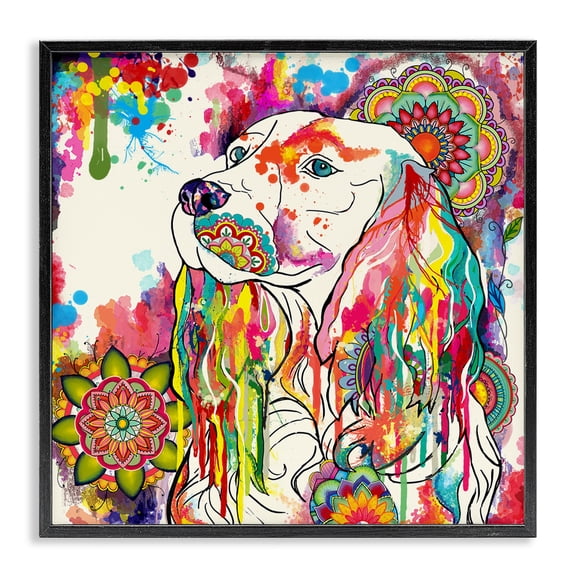 Stupell Industries Eclectic Expressive Spaniel Dog Portrait Vibrant Medallion Boho Pattern Black Framed Giclee Art, 12 x 12, by Sangita Bachelet