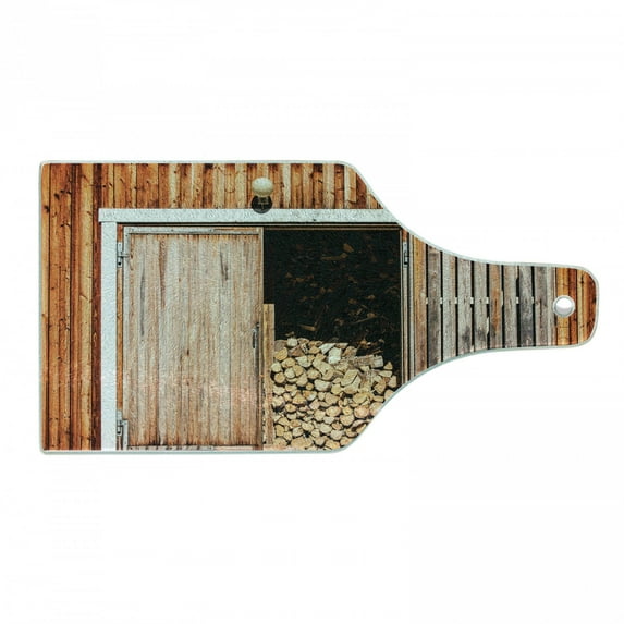 Rustic Cutting Board, Weathered Barn Firewood Countryside Village Storage Garden Rural Life Concept, Decorative Tempered Glass Cutting and Serving Board, Wine Bottle Shape, Orange Brown, by Ambesonne