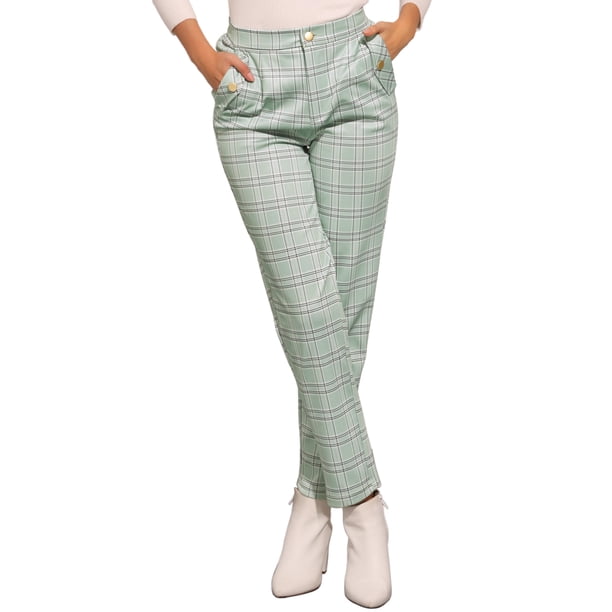 Pantalones de tartán a cuadros para mujer INSPIRE CHIC, elásticos, de cintura alta, rectos y largos, talla S, verde claro