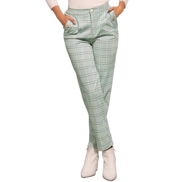 Pantalones de tartán a cuadros para mujer INSPIRE CHIC, elásticos, de cintura alta, rectos y largos, talla S, verde claro