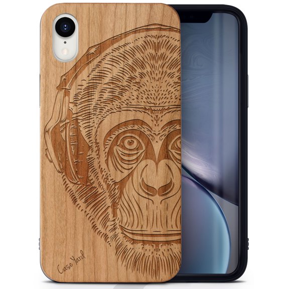 Case Yard Wooden Case Outside Soft TPU Silicone, Slim Fit Shockproof Wood Protective Phone Cover for Girls Boys Men and Women, Supports Wireless Charging Headphone Monkey Design case for iPhone-XR