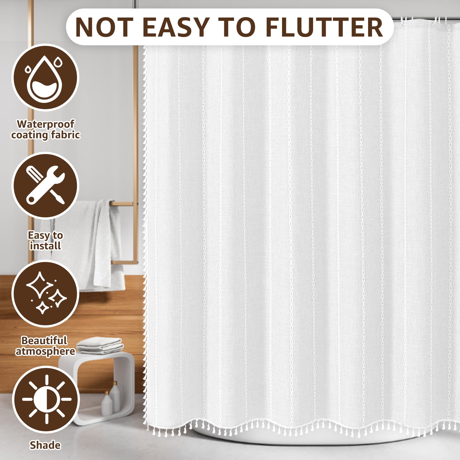 Dznils Boho Tassel Shower Curtain with Hooks, Farmhouse Thick Cloth Linen Fabric Bathroom Curtain, White, 72" x 72"