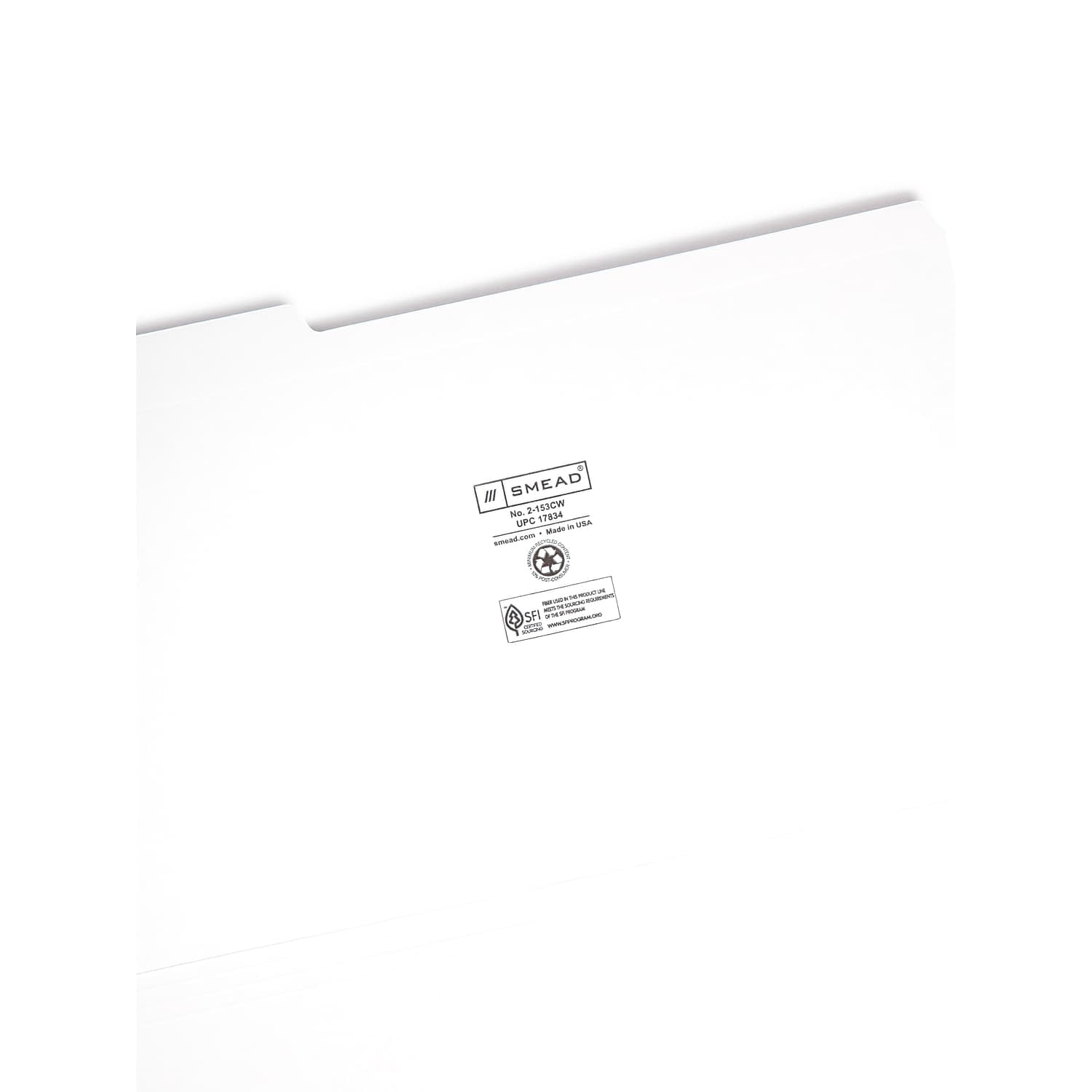 Smead 17834 File Folders, 1/3 Cut, Reinforced Top Tab, Legal, White, 100/Box