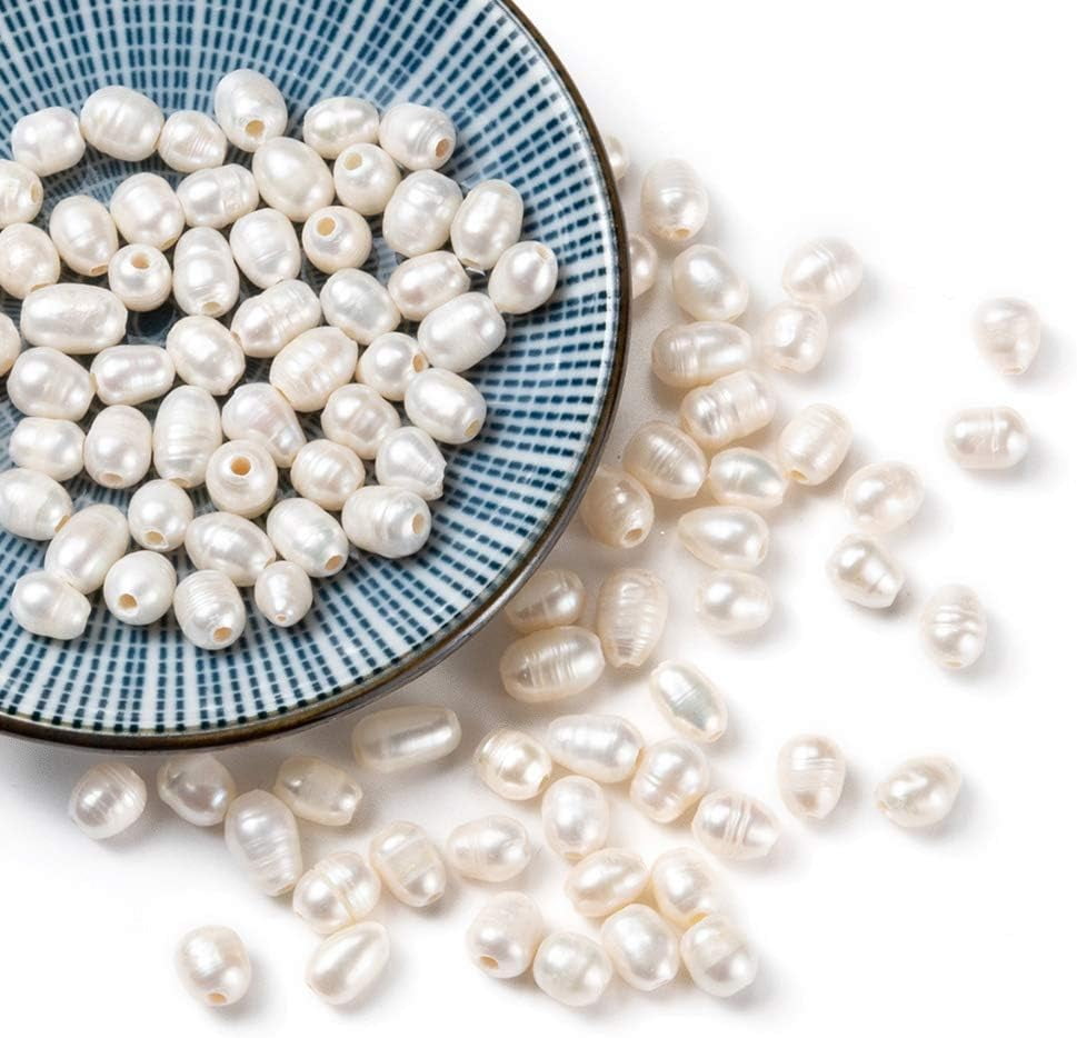 100pcs Large Hole Pearl Beads 7-10mm Natural Cultured Freshwater Pearl Loose Beads Natural Oval Pearls for Leather Cord Beading Jewelry Making DIY Crafts Hole: 1 8mm