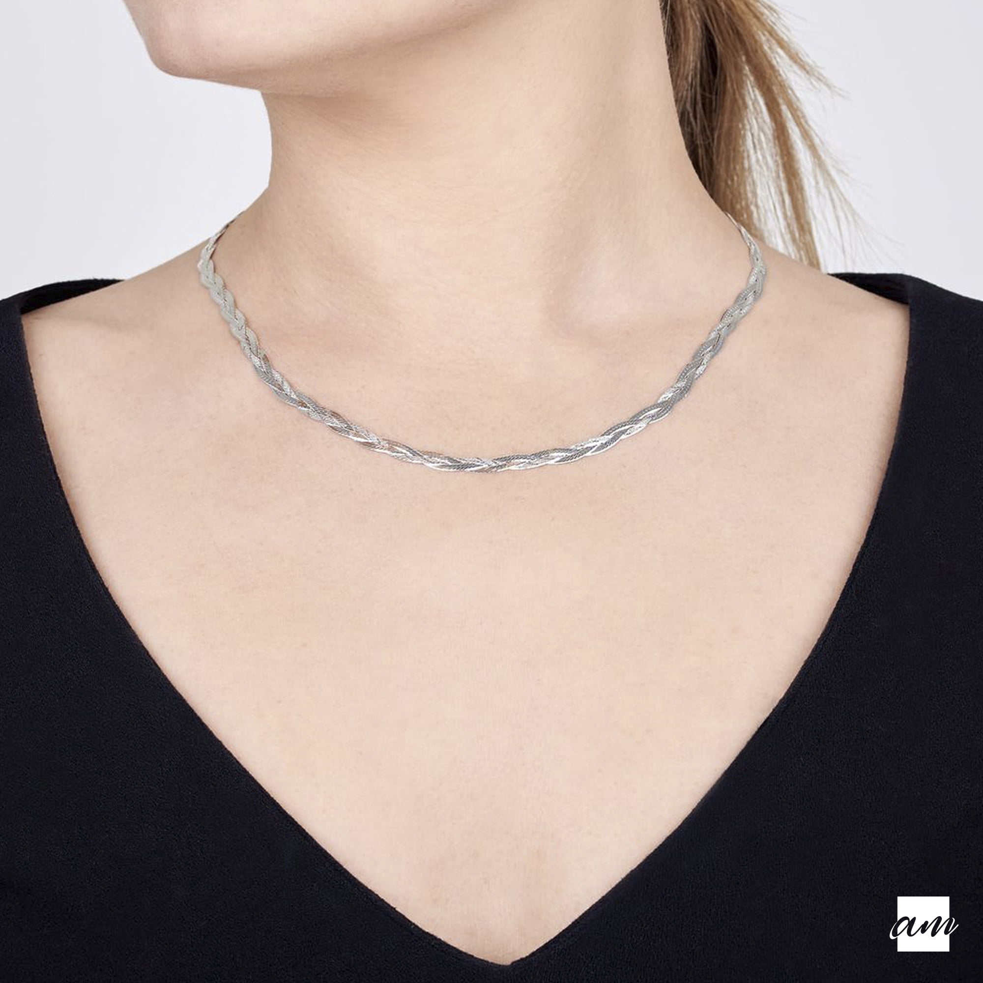 Amberta Women's 925 Sterling Silver Braided Herringbone Chain Necklace (Length 18 inch): Silver