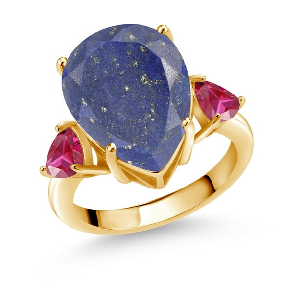 Gem Stone King 7.86 Ct Pear Shape Blue Lapis Red Created Ruby 18K Yellow Gold Plated Silver Ring (Size 8)