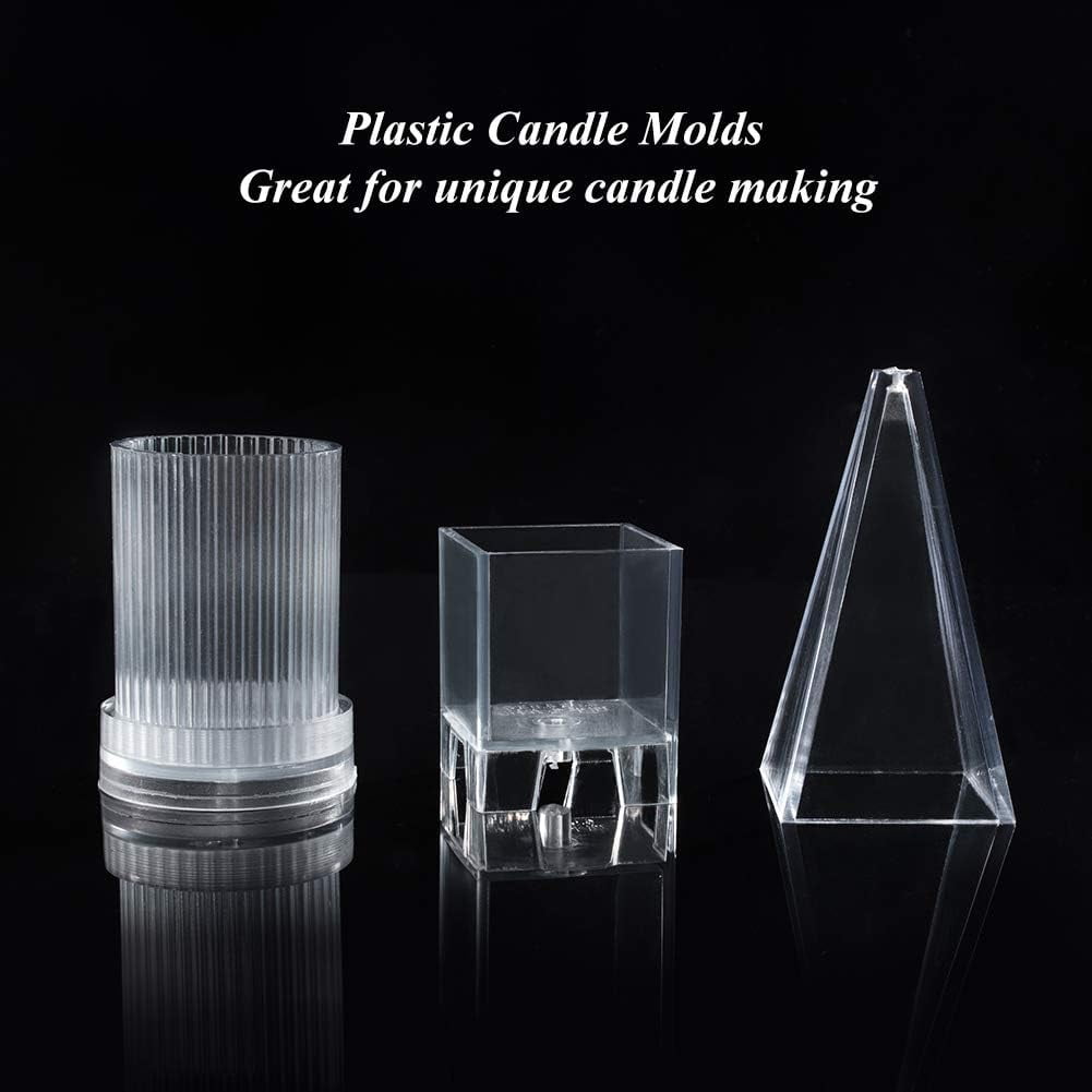 3PCS Plastic Candle Molds with Candle Wick Pyramid Mold Column Mold and Cube Molds - Candles Mould Set for Candles Craft Making Clear DIY