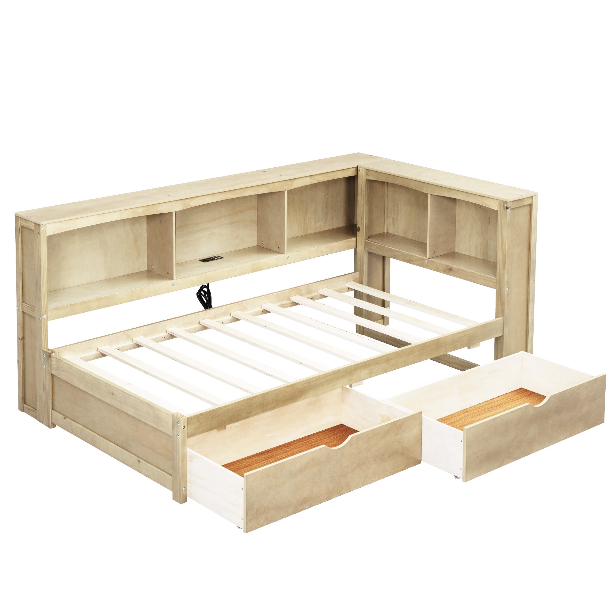 Alvantor Twin Size Daybed with Bookcase and USB Ports, Corner Bed Frame With Storage Drawers & Cabinets, Natural Wood