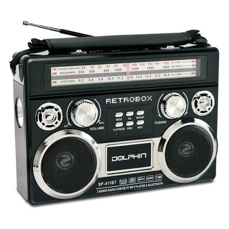 Dolphin SP-411BT Retro Bluetooth Radio with AM/FM/SW Rechargeable Battery USB SD AUX Telescoping Antenna Leather Handle–Speaker with Vintage Design Black - image 9