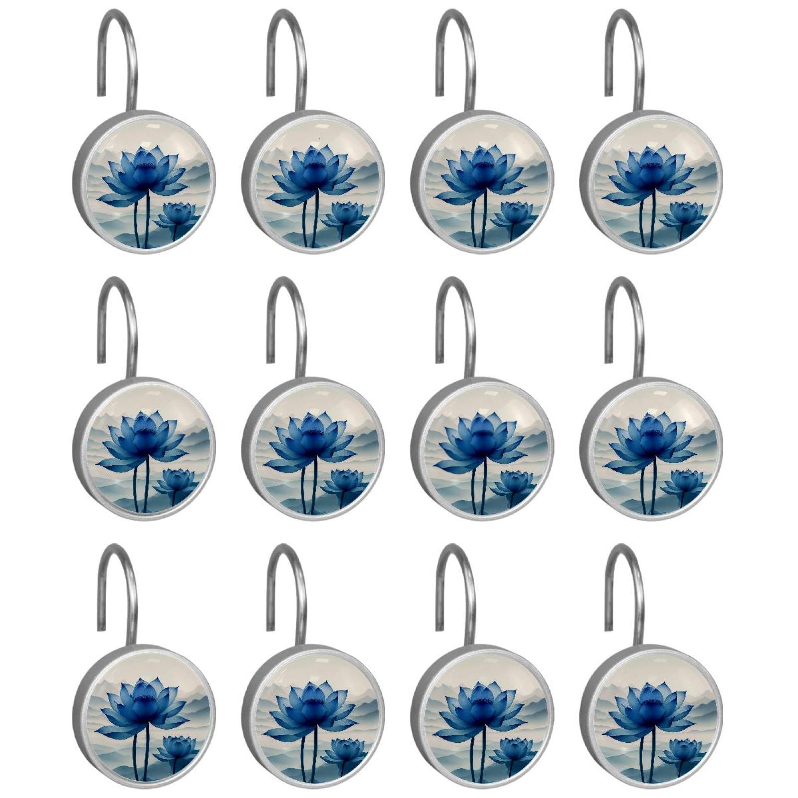 Imobaby 12 Pcs Metal Shower Curtain Hooks Rust Proof for Shower Curtain Liner - Landscape Ink Blue Lotus