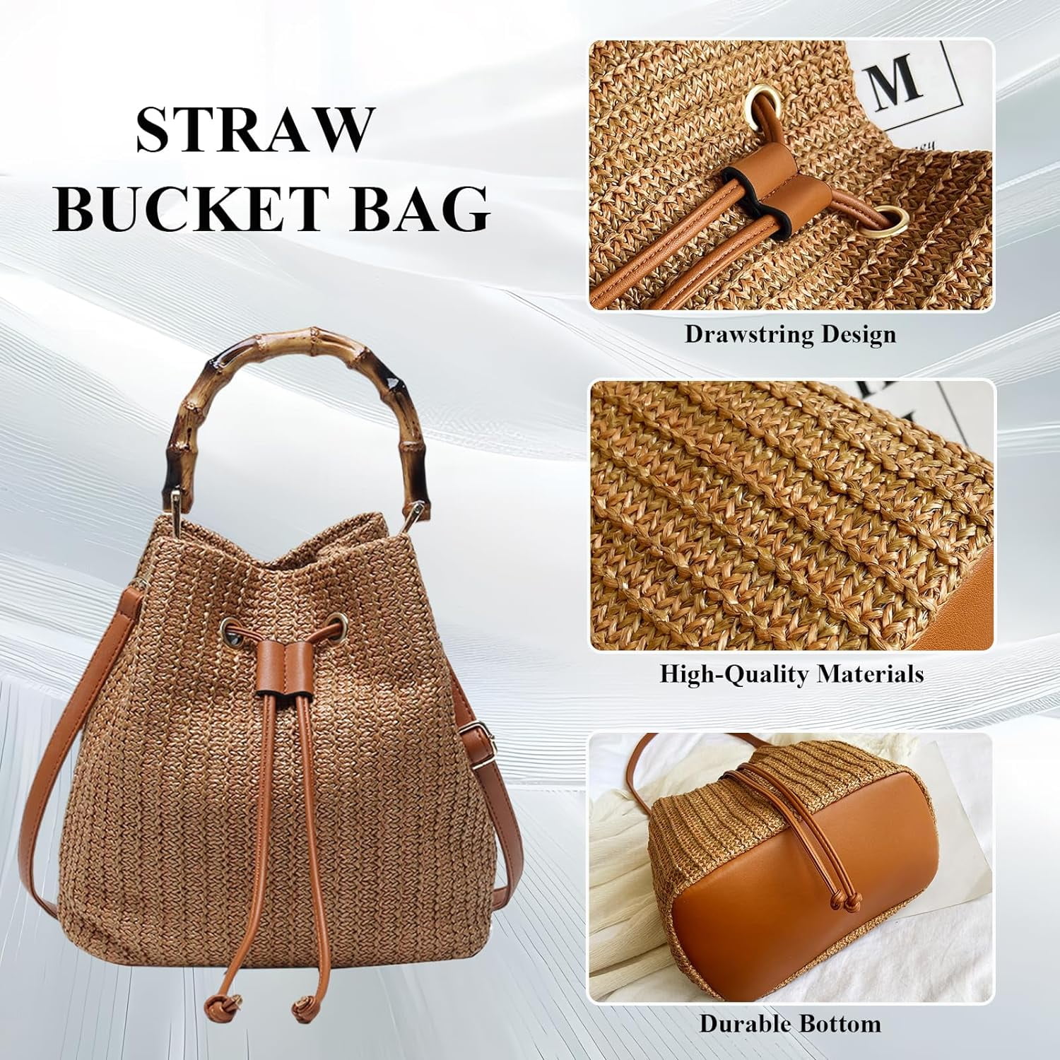 Straw Purse for Women, Summer Straw Bucket Bag Trendy Hobo Bag Straw Shoulder Crossbody Handbags with Bamboo Handle