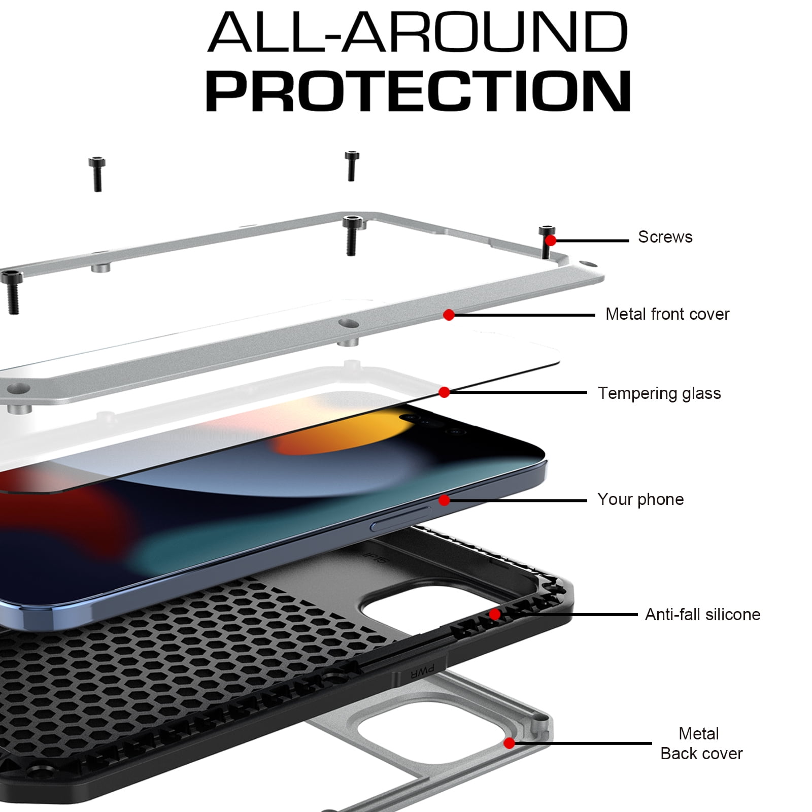 ELEHOLD for iPhone 15 Plus Armor Case, Outdoor Sports 360° Full Body Protective Cover with Tempered Glass Screen Protector Heavy Duty Shockproof Rugged Metal Case for iPhone 15 Plus, Silver
