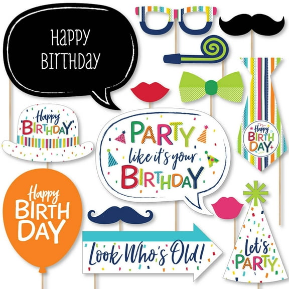 Big Dot of Happiness Cheerful Happy Birthday - Colorful Birthday Party Photo Booth Props Kit - 20 Count