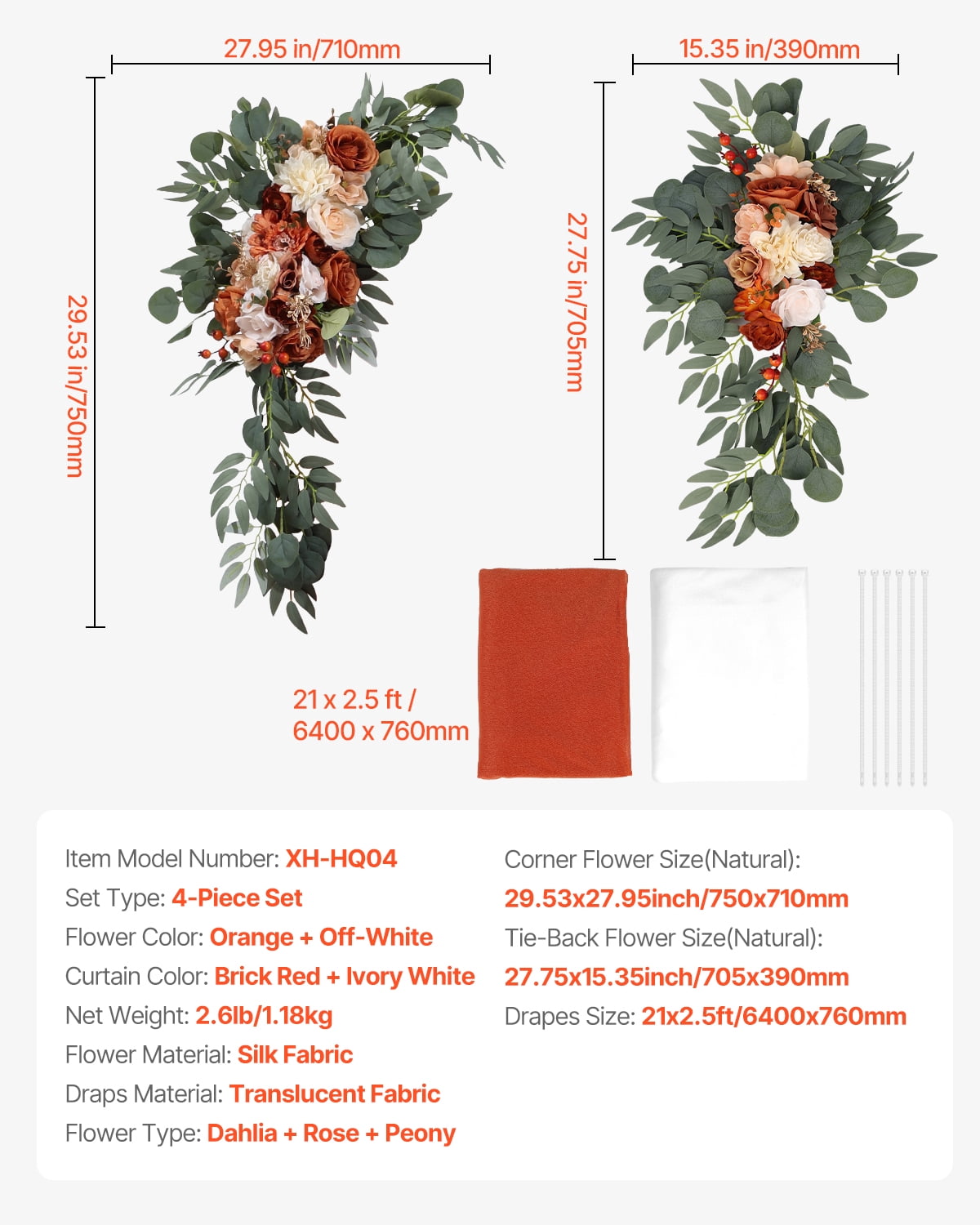VEVOR Artificial Wedding Arch Flowers Kit, Orange Wedding Arch Flowers with Drapes Kit (Pack of 4) - 2 Pcs Floral Arrangement, 2 Pcs Sheer Drapes, for Ceremony Bouquets Reception Backdrop Decoration