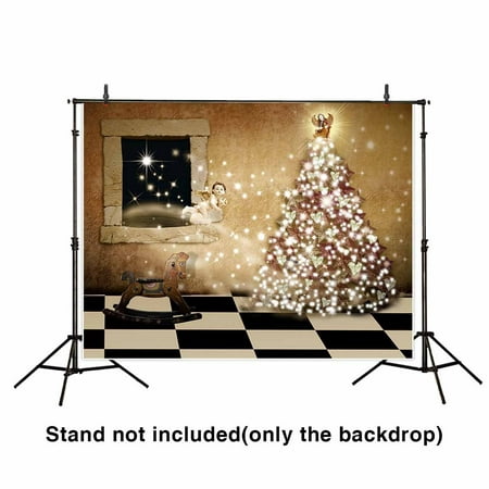 Image of MOHome 7x5ft Backdrop Shiny Christmas Tree Little Angels and Wooden Horse Vintage Indoor Backgrond for Photography or Decoration