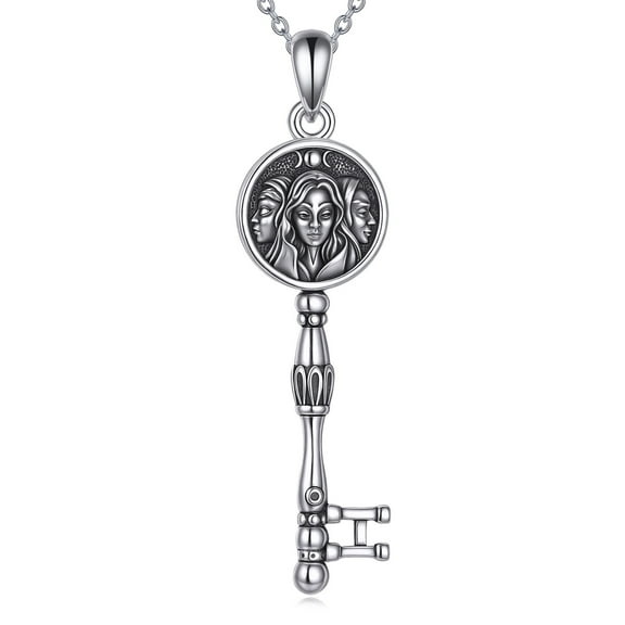 Hecate Necklace Sterling Silver Triple Moon Goddess Key Pendant Wiccan Jewelry Gifts for Women