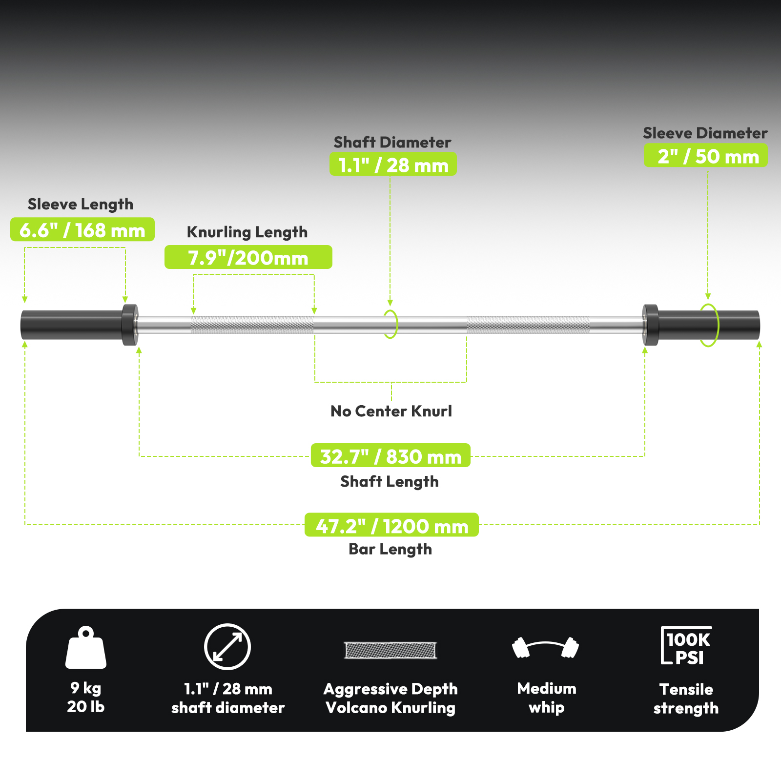 HANDBODE Olympic Barbell Bar 4 ft Weightlifting Bar for Powerlifting, Bench Press, Deadlift, Squat - 500 lb Capacity, Home & Gym Strength Training, 28mm diameter, Silver & Black