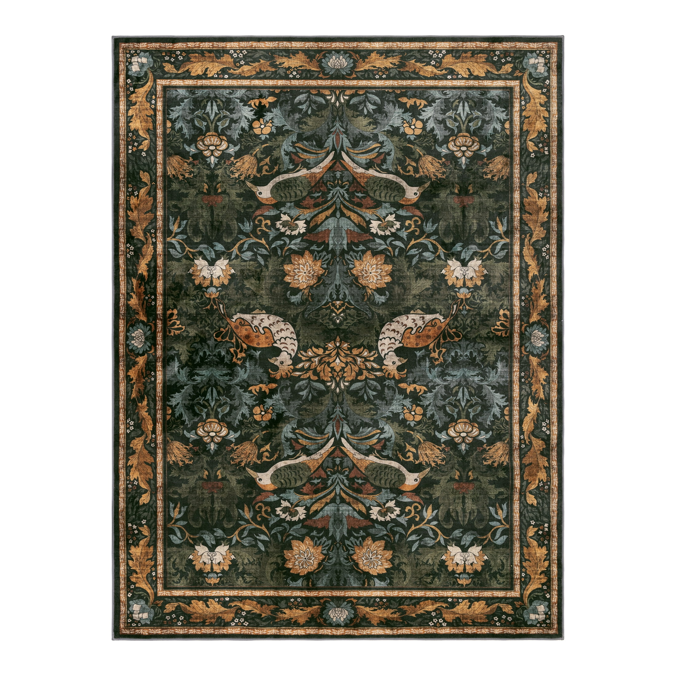 SORONO KATE 9'x12' Floral Bird Area Rugs for Living Room, Machine Washable Oriental Vintage Distressed Non Slip Soft Indoor Area Carpet, Forset Green