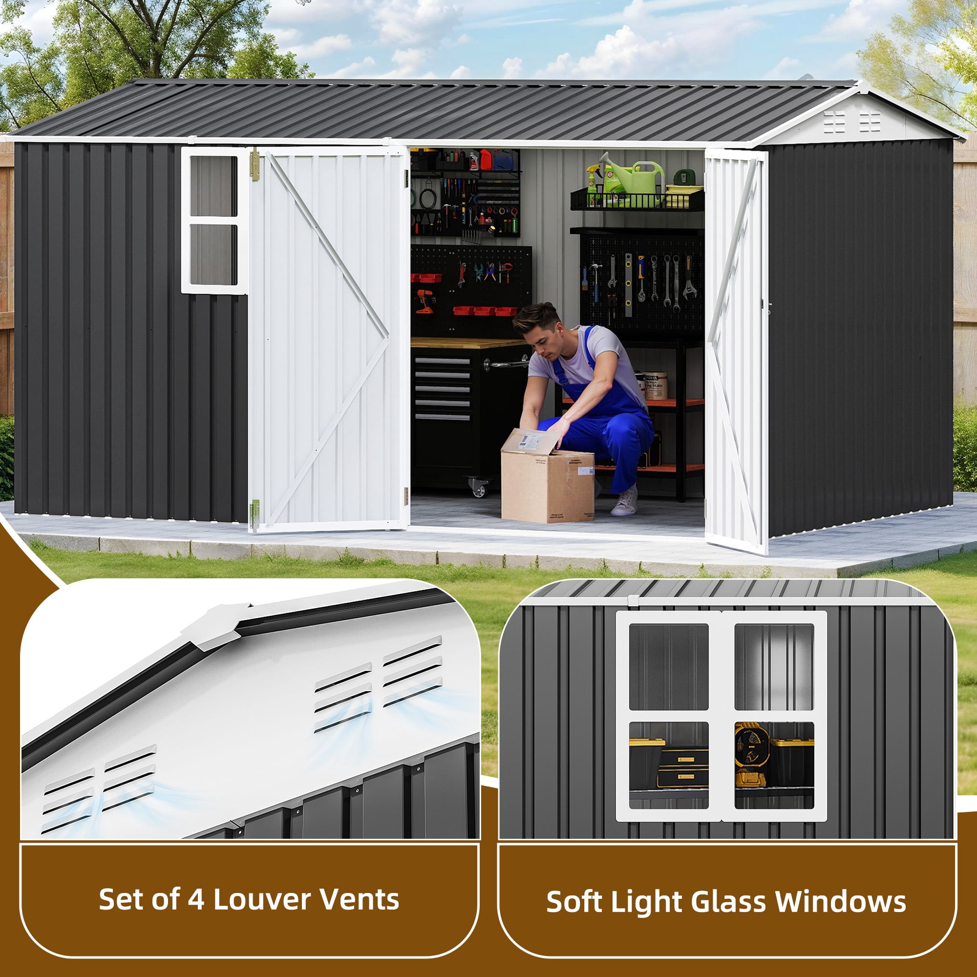 Craftian 8x12ft Outdoor Storage Shed,Tool Shed with Window,Lockable Doors,and Angled Roof,Large Steel for Backyard,Yard,Garden,Porch,Garage