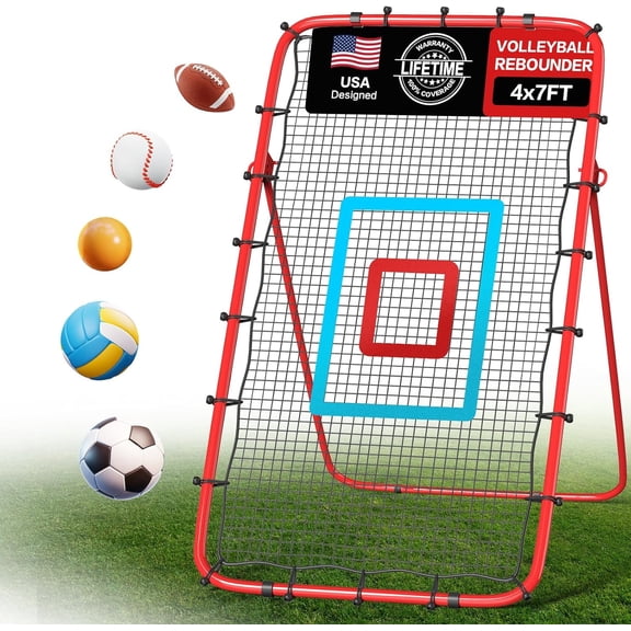 Volleyball Rebounder Net 7x4 Ft with Volleyball and Baseball, 5-Angle Rebound Net for Practicing Digging, Setting, Spiking, Bounce Back Training Equipment with Portable Travel Bag, 2 Target Stripes