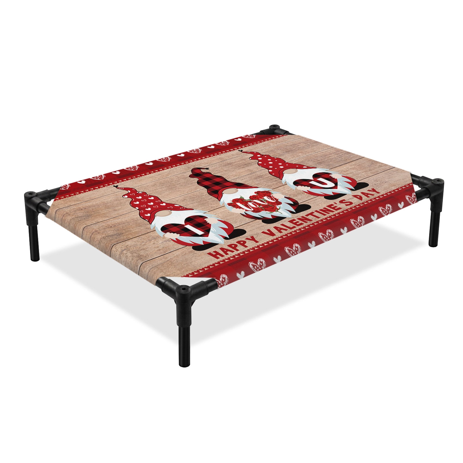 Happy Valentine s Elevated Dog Bed Day Gnomes with Buffalo Plaid Love Heart Cooling Breathable Outdoor Raised Dog Cot Bed with Metal Frame Non-Slip Feet for Large Dog 28x22in