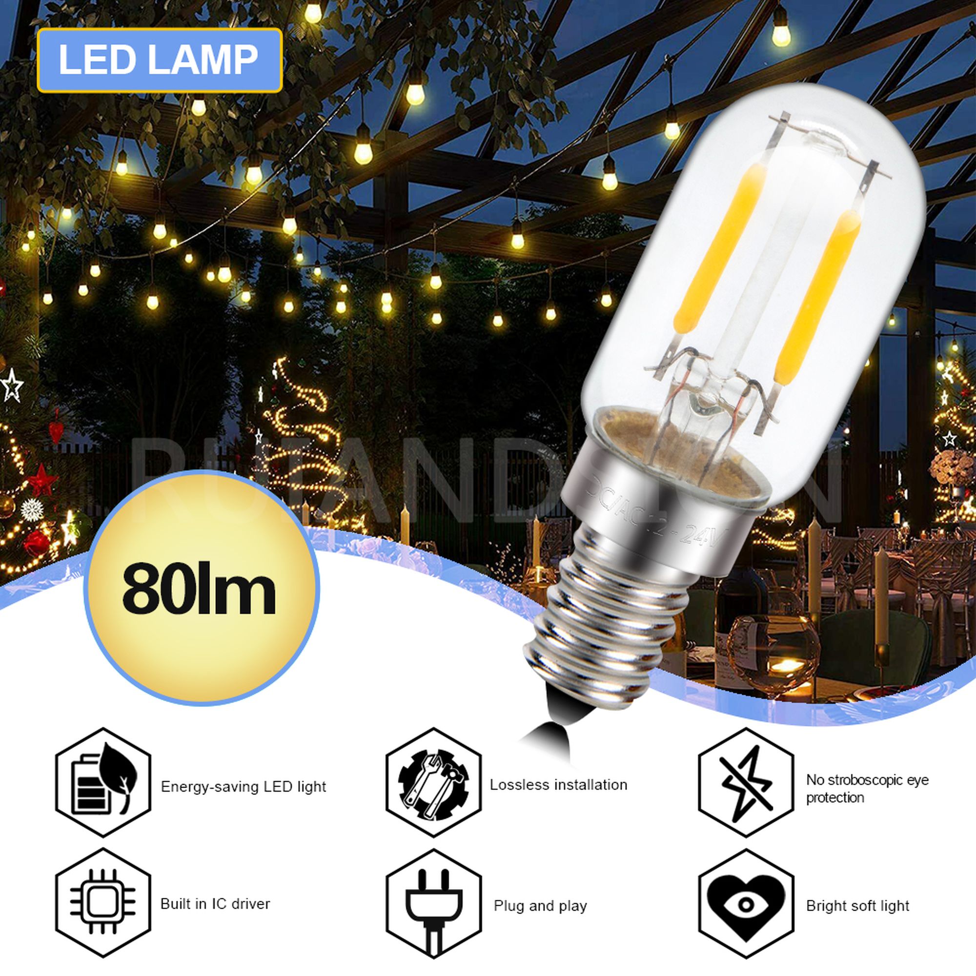 Ruiandsion E12 LED Filament Bulb, 12V 1W 80LM 2700K Warm White, Waterproof for Vanity Mirror Candleholder String Lights, 10 Pcs