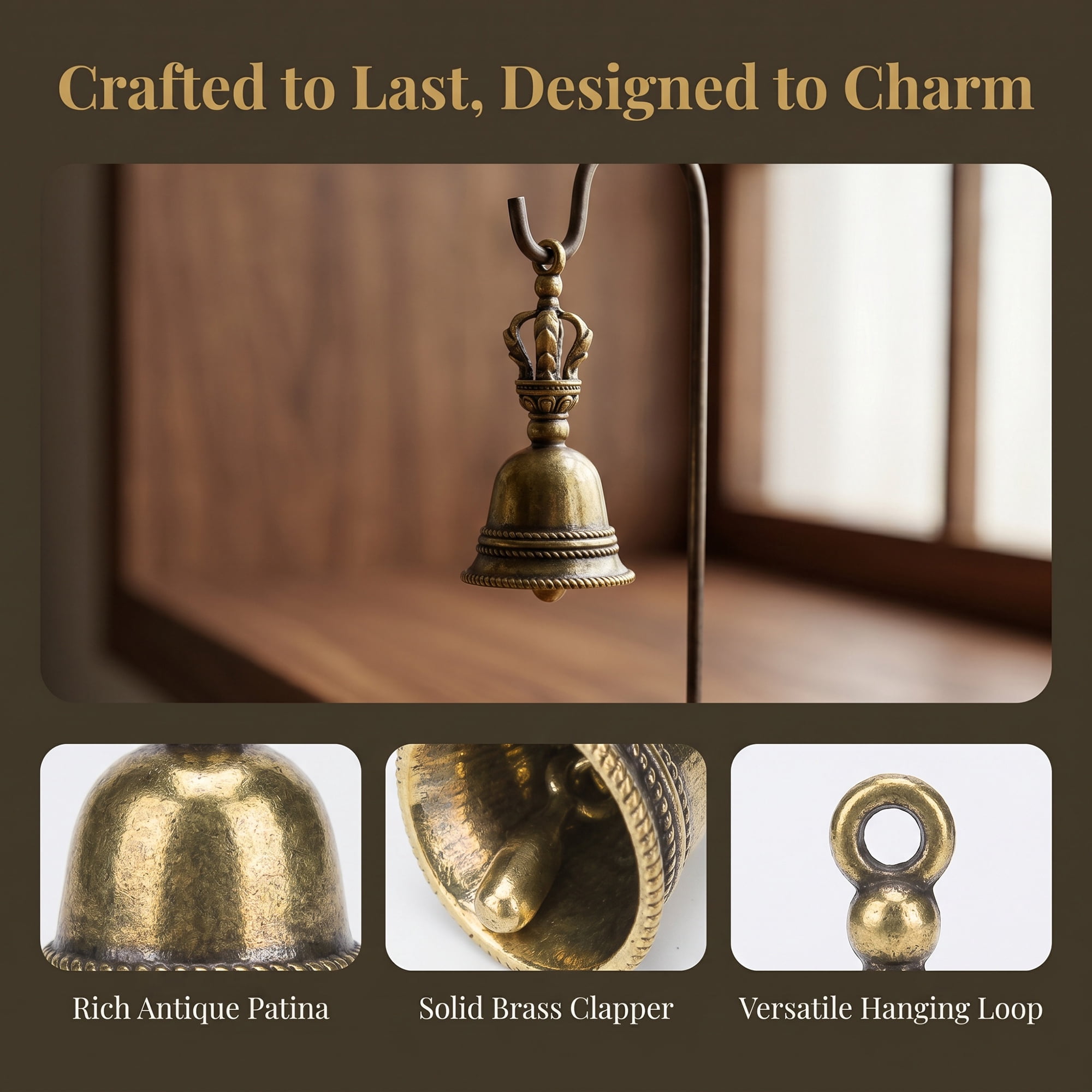 Unique Bargains 2Pcs Vintage Hanging Brass Craft Bells Bronze 3.1" x 3.1" x 5.1"