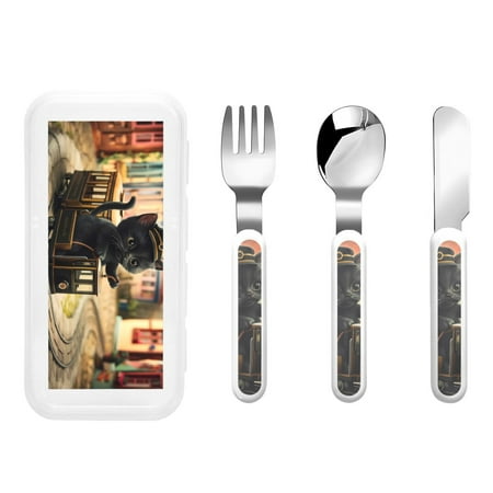 

Picia Adorable Kitten On Mini Train Print Children s Knife Fork And Spoon Set - Kids’ Knife Fork Spoon - Stainless Steel Kids Silverware Set - Metal Kids Cutlery Set