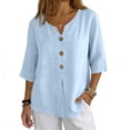 thumbnail image 2 of Women's 3/4 Sleeve Crew Neck T-Shirt, Casual Solid Color Elbow Length Sleeve Top, Soft Stretch Lightweight Basic Pullover Tee for Daily Layering 07-Light Blue L, 2 of 5