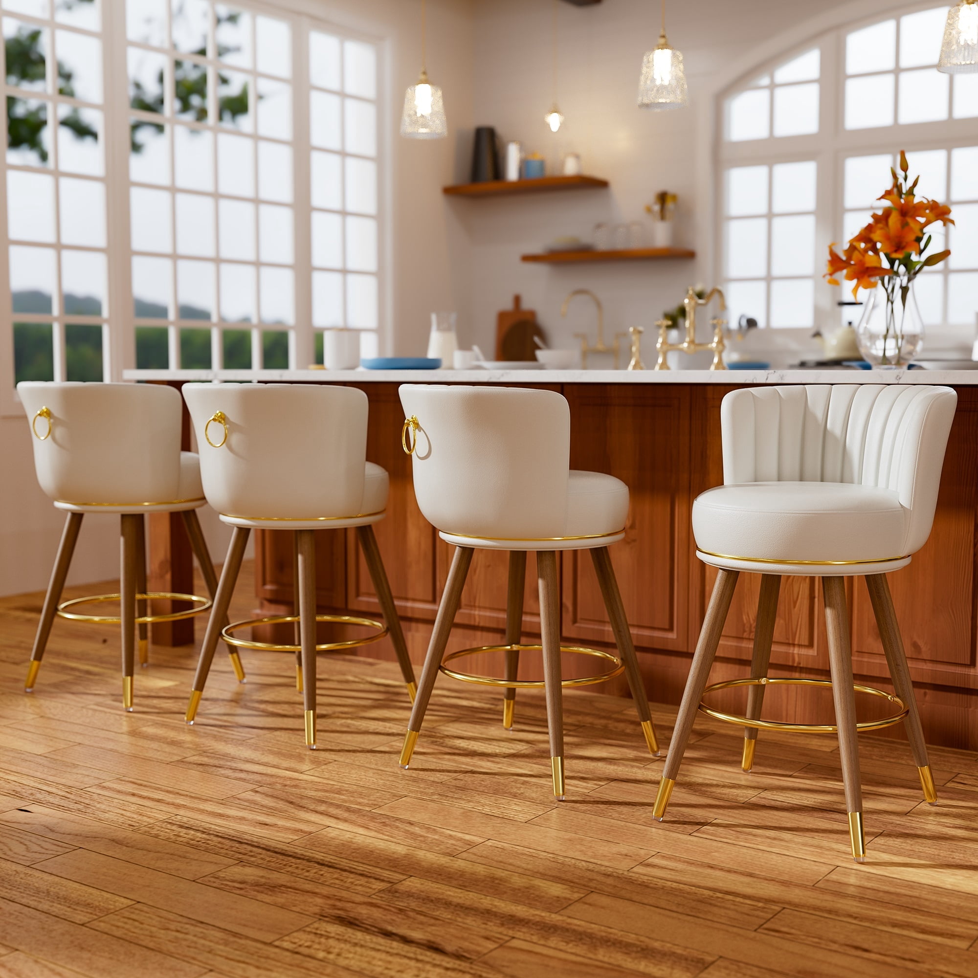 iooHug 26" Swivel White Counter Height Bar Stools Set of 4, PU Leather Kitchen Island Stools with Wood Legs and Footrest, Bar Stools for Dinging Room