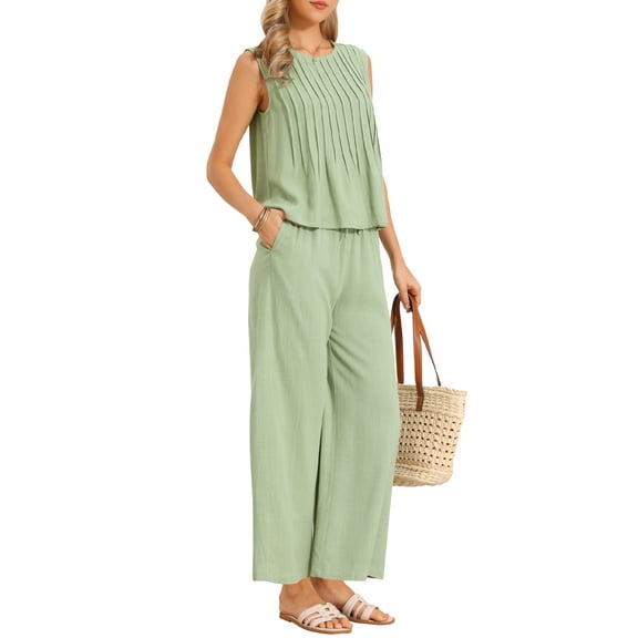 INSPIRE CHIC Casual 2 Piece Sets for Women Summer Pants Suits Lightweight Pleated Tank Top Drawstring Wide Leg Outfits XS Light Green