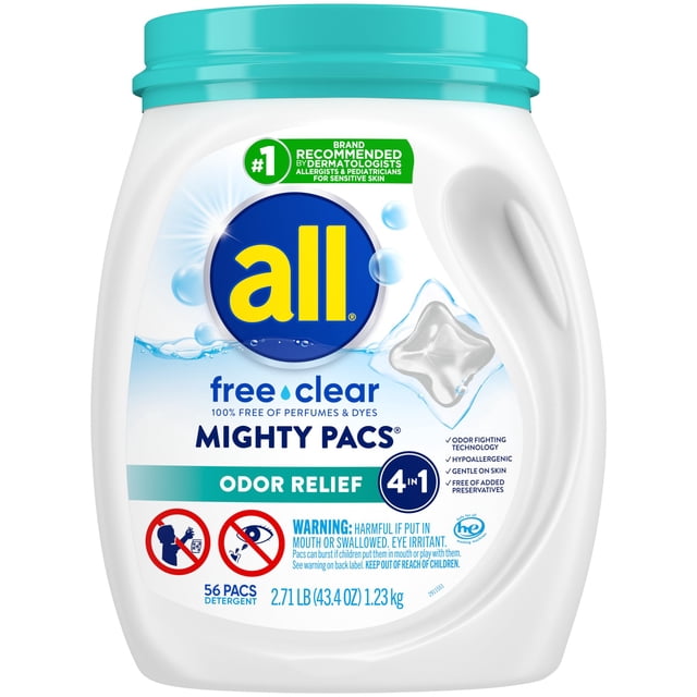 Detergente para ropa All Mighty Pacs Free Clear Odor Relief 56