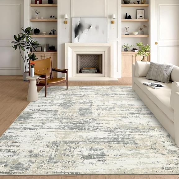 Modern Abstract Area Rug 9x12 Washable Large Rug Low Pile Non Slip Stain Resistant Indoor Carpet for Living Room Bedroom Dining Room Hallway,Beige
